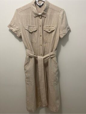 Tommy Hilfiger 100% Linen Beige Button-Front Midi Shirt Dress